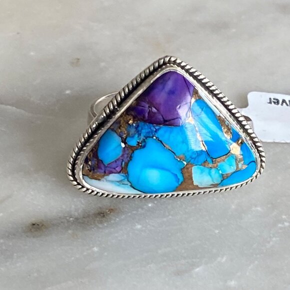 NEW Blue Purple Dahlia Turquoise Braided Sterling Silver Ring Size 8.5 - Picture 1 of 5